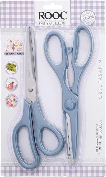 Rooc Premium Serisi Ergonomik Saplı Çelik Gıdaya Temasa Uygun 2'li Mutfak Makası, Mavi ürün görseli