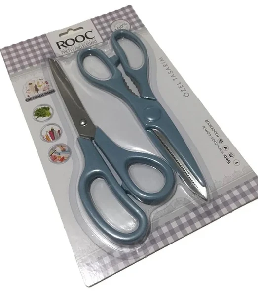 Rooc Premium Serisi Ergonomik Saplı Çelik Gıdaya Temasa Uygun 2'li Mutfak Makası, Mavi - Resim 2