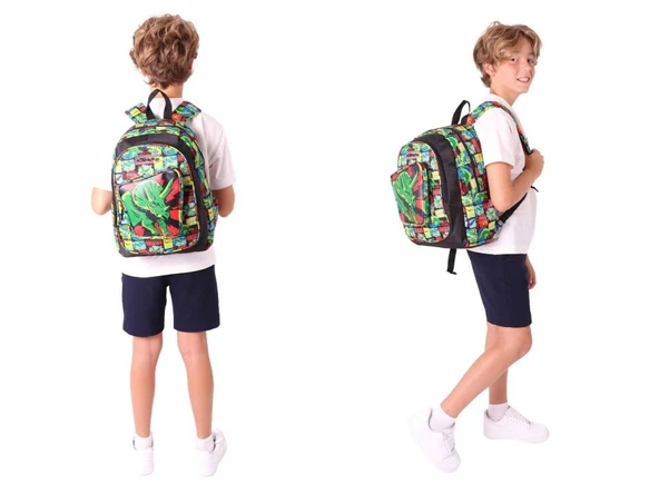 Kaukko Erkek Çocuklar İçin Okul Sırt Çantası (L5263) ve Üç Bölmeli Kalemlik (L8263) Seti - Siyah Yeşil - 3D Gergedan Detaylı - Resim 3