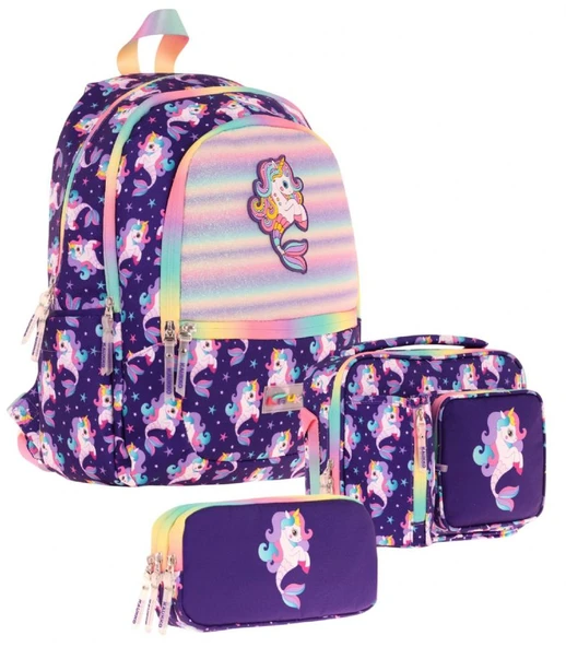 Kaukko Kids Üçlü Kız Çocuk İlkokul Okul Çantası Seti (L5228+L7228+L8228) Mor - Kauçuk Unicorn ürün görseli