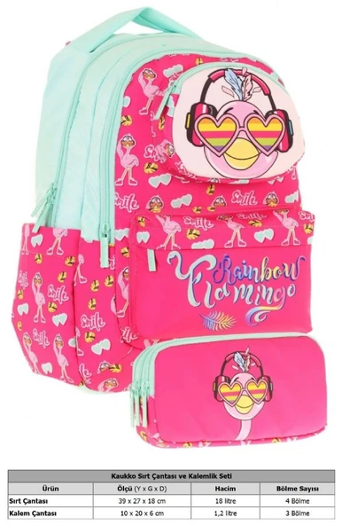 Kaukko Kids Toys Kız Çocuk Kırmızı Yeşil 3D Flamingo Şekilli İlkokul Çantası ve Kalemlik Seti (L5235+L8235) - Resim 2