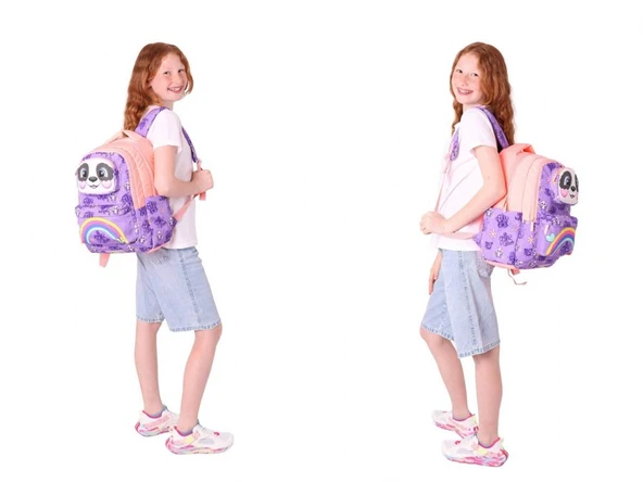 Kaukko Kids 3D Panda Şekilli Kız Çocuk Üçlü Okul Çantası Seti/Takımı - Mor Somon (L5233+L7233+L8233) - Resim 4