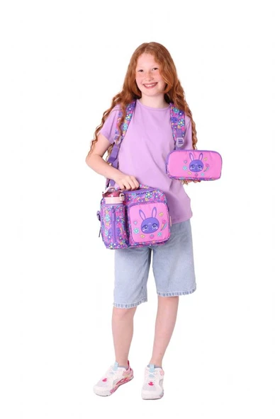 Kaukko Kids Tavşan Şekilli (Mor Pembe) Kız Çocuk Üçlü İlkokul Okul Çantası Seti - Resim 3
