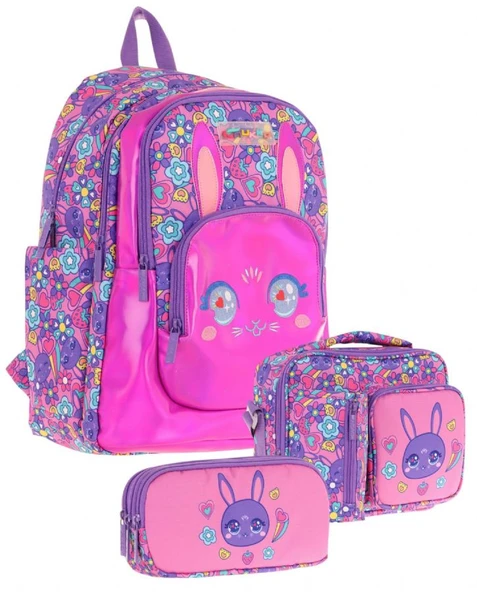 Kaukko Kids Tavşan Şekilli (Mor Pembe) Kız Çocuk Üçlü İlkokul Okul Çantası Seti ürün görseli