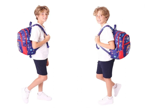 Kaukko Kids Erkek Çocuk İçin Lacivert Kırmızı Renkli Astronot BaskılıÜçlü Okul Çanta Kombinasyonu - Resim 4
