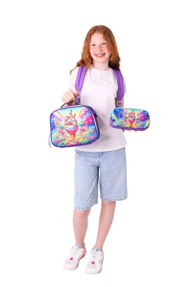 Kaukko Kids Dört Bölmeli Okul Çantası + Beslenme +Kalemlik Seti (Dondurma - Kız Çocuk - Kırmızı Mavi) - Resim 3