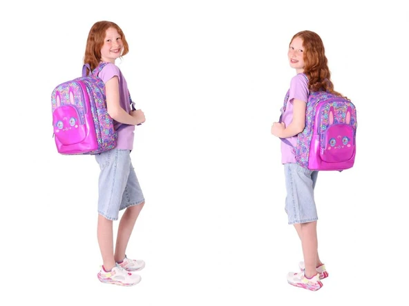 Kaukko Kids Tavşan Şekilli (Mor Pembe) Kız Çocuk Üçlü İlkokul Okul Çantası Seti - Resim 4