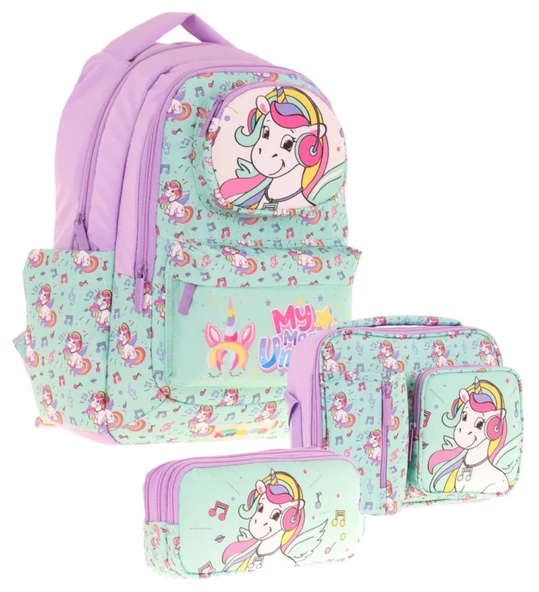 Kaukko Kids 3D Unicorn Şekilli Kız Çocuk Üçlü Okul Çantası Seti/Takımı - Turkuaz (L5234+L7234+L8234) ürün görseli