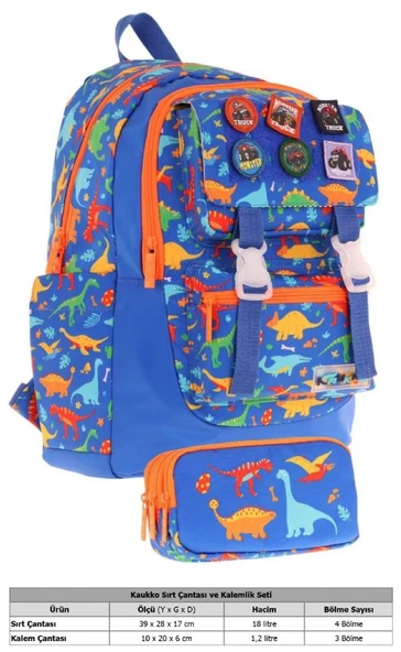 Kaukko Armalı Dinazor Desenli Okul Çantası + Kalemlik Seti (L5278+L8278) Erkek Çocuk - Mavi - Resim 2