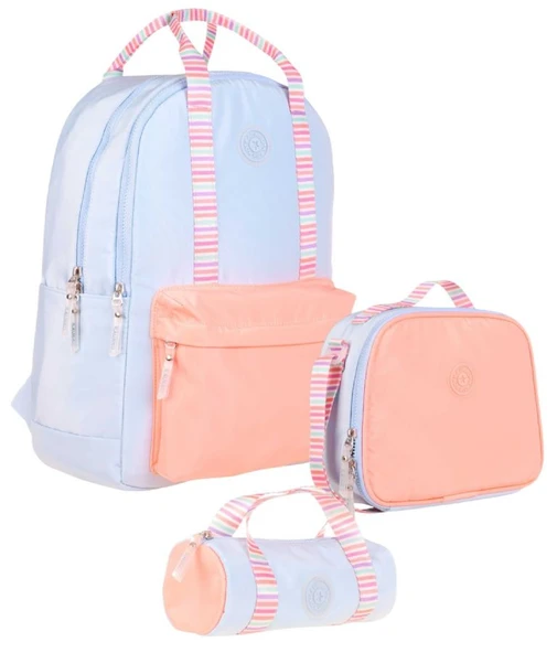 Kaukko Double Stripe Kız Çocuk İlkokul Üçlü Okul Çantası Seti - Mavi Turuncu - Çift Renk
