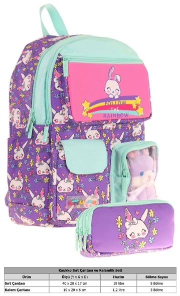 Kaukko Kız Çocuk Beş Bölmeli Okul Çantası ve Üç Bölmeli Kalemlik Seti - Peluş Tavşanlı - Mor Yeşil - Resim 2