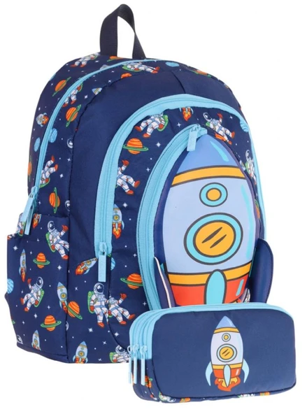 Kaukko Erkek Çocuklar İçin Okul Sırt Çantası (L5260) ve Üç Bölmeli Kalemlik (L8260) Seti - Lacivert - Roket Detaylı ürün görseli