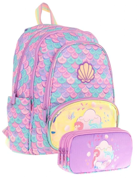 Kaukko Kız Çocuklar İçin Okul Sırt Çantası (L5225) ve Üç Bölmeli Kalemlik (L8225) Seti - Pembe Yeşil - Denizkızı Nakışlı ve Baskılı ürün görseli