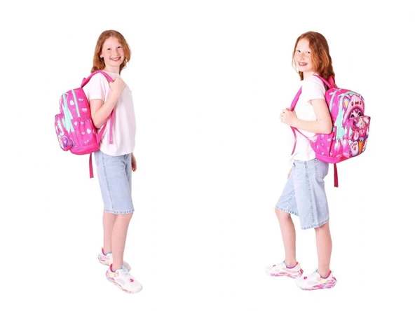 Kaukko Kids Dört Bölmeli Okul Çantası + Beslenme +Kalemlik Seti (Dondurma Yiyen Kedi - Kız Çocuk - Pembe) - Resim 4