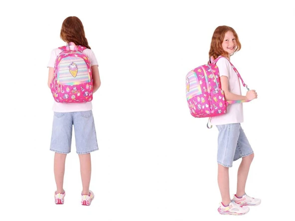 Kaukko Kız Çocuk Dört Gözlü Okul Çantası ve Üç Gözlü Kalem Çantası Seti - Pembe - Dondurma (L5227+L8227) - Resim 3