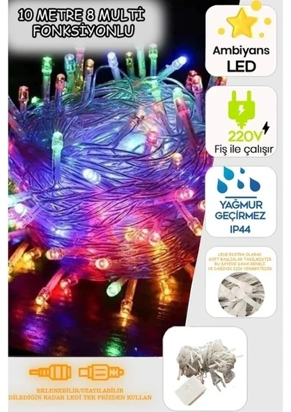 10 Mt 100 Led Rgb Renkli Işıklı Ultra Güçlü Yılbaşı Ağaç Işık 8 Fonksiyonlu Dekoratif  Sl-1013 Fişli - 1