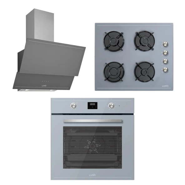 LUNO Gri Cam Ankastre Set - 3481S Davlumbaz - L638S01 Ocak - F502S01 Fırın
