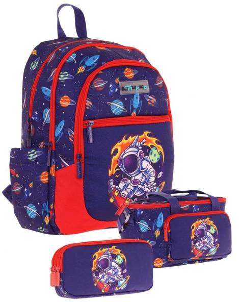Kaukko Kids Erkek Çocuk İçin Lacivert Kırmızı Renkli Astronot BaskılıÜçlü Okul Çanta Kombinasyonu ürün görseli