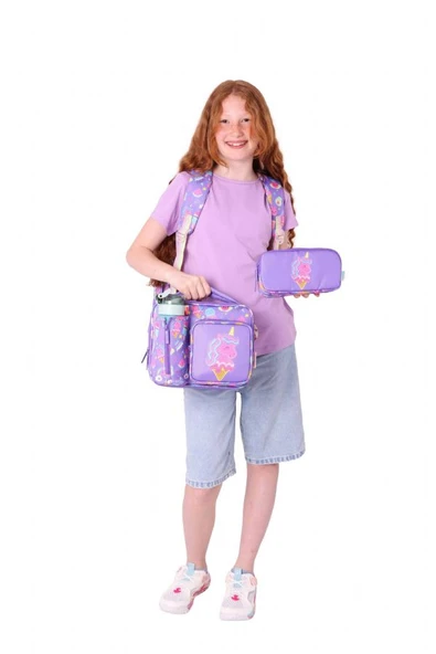 Kaukko Kids Kız Çocuklara Özel (Mor Sarı - Unicorn Detaylı) Üçlü Okul Çantası Seti - Resim 3