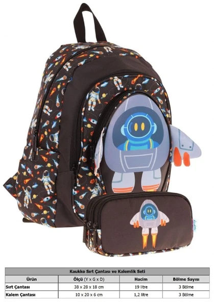 Kaukko Erkek Çocuklar İçin Okul Sırt Çantası (L5264) ve Üç Bölmeli Kalemlik (L8264) Seti - Siyah - 3D Roket Detaylı - Resim 2