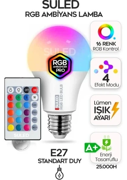 Rgb LED Ampül Kumandalı Ambiyans Aydınlatma Tasarruflu Lamba Renk Değiştiren LED Işık - 4