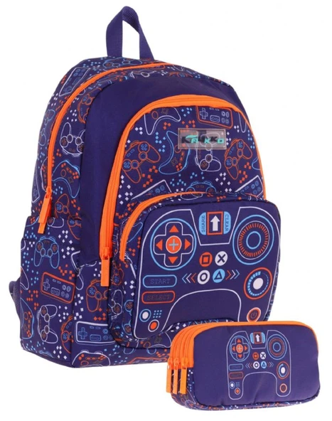 Kaukko Kids (L5281+L8281) Üç Gözlü Erkek Çocuk Okul Çantası ve Kalem Çantası Seti - Turuncu Lacivert - Oyun Baskılı ürün görseli