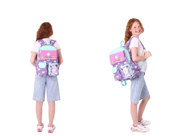 Kaukko Kız Çocuk Beş Bölmeli Okul Çantası ve Üç Bölmeli Kalemlik Seti - Peluş Tavşanlı - Mor Yeşil - Resim 3