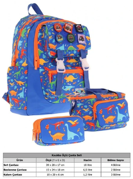 Kaukko Kids Armalı Dinazor Desenli Erkek Çocuk Üçlü İlkokul Okul Çantası Seti - Mavi - Resim 2
