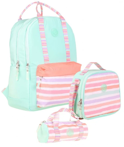 Kaukko Double Stripe Kız Çocuk İlkokul Üçlü Okul Çantası Seti - Su Yeşili Pembe - Çizgi Desenli ürün görseli