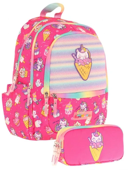 Kaukko Kız Çocuk Dört Gözlü Okul Çantası ve Üç Gözlü Kalem Çantası Seti - Pembe - Dondurma (L5227+L8227) ürün görseli