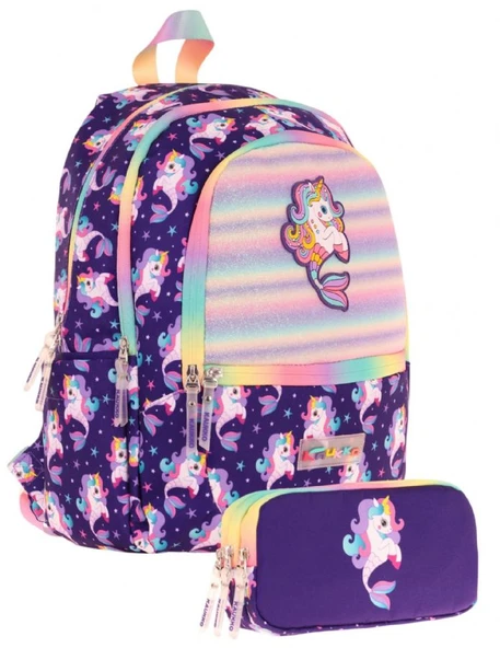 Kaukko Kız Çocuk Dört Gözlü Okul Çantası ve Üç Gözlü Kalem Çantası Seti - Mor - Unicorn (L5228+L8228) ürün görseli