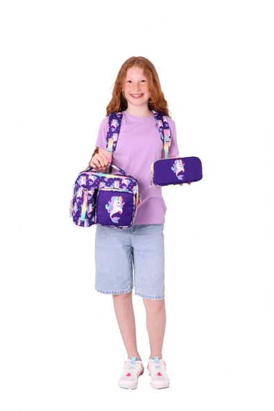 Kaukko Kids Üçlü Kız Çocuk İlkokul Okul Çantası Seti (L5228+L7228+L8228) Mor - Kauçuk Unicorn - Resim 3