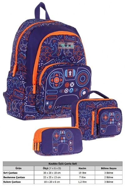 Kaukko Kids Erkek Çocuk Oyun Desenli Üçlü Okul Çanta Seti(Okul Çantası+Beslenme Çantası+Kalemlik) - Resim 2
