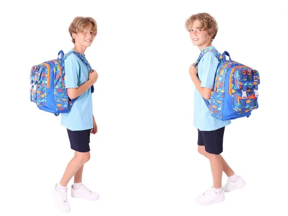 Kaukko Kids Armalı Dinazor Desenli Erkek Çocuk Üçlü İlkokul Okul Çantası Seti - Mavi - Resim 4
