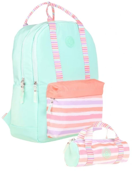 Kaukko İkili Okul Çantası Seti - Okul Çantası+Kalemlik - Su Yeşili Pembe - Çizgi Desenli - Kız Çocuklar İçin ürün görseli