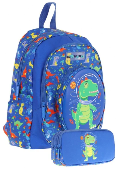 Kaukko Erkek Çocuklar İçin Okul Sırt Çantası (L5262) ve Üç Bölmeli Kalemlik (L8262) Seti - Mavi Yeşil - 3D Dinazor Detaylı ürün görseli
