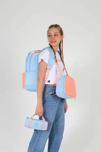 Kaukko Double Stripe Kız Çocuk İlkokul Üçlü Okul Çantası Seti - Mavi Turuncu - Çift Renk - 2