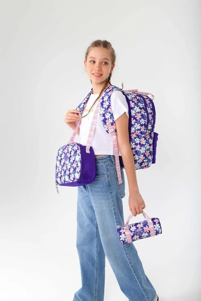 Kaukko Double Stripe Kız Çocuk İlkokul Üçlü Okul Çantası Seti - Mor - Çiçek Desenli - Resim 2