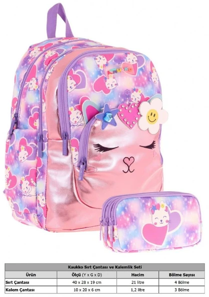 Kaukko Kids Kız Çocuklar İçin Sırt Çantası ve Kalemlik Seti - Kedi Şekilli - Pembe Mor - (L5219+L8219) - Resim 2