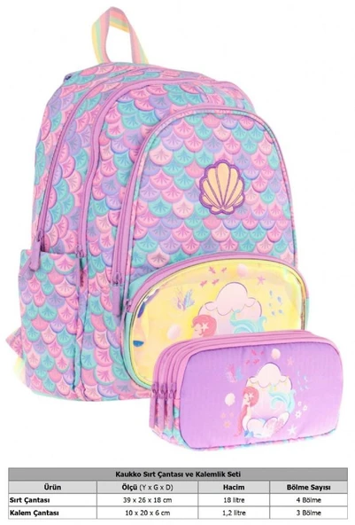Kaukko Kız Çocuklar İçin Okul Sırt Çantası (L5225) ve Üç Bölmeli Kalemlik (L8225) Seti - Pembe Yeşil - Denizkızı Nakışlı ve Baskılı - Resim 2