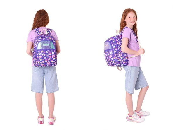 Kaukko Kids Kız Çocuk Okul Çantası ve Üç Bölmeli Kalemlik Seti (Mor - Pullu Şekerleme) - (L5216+L8216) - Resim 3