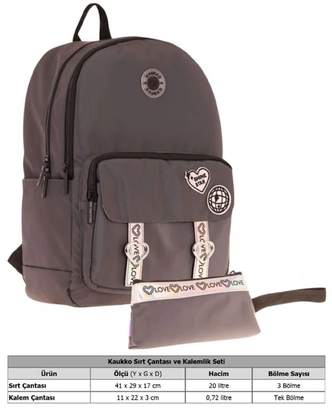 Kaukko Parlak Love Şeritli Gri Okul Çantası ve Cüzdan Tipi Kalemlik Seti (KK-K1842+KK-K2753) - Resim 2