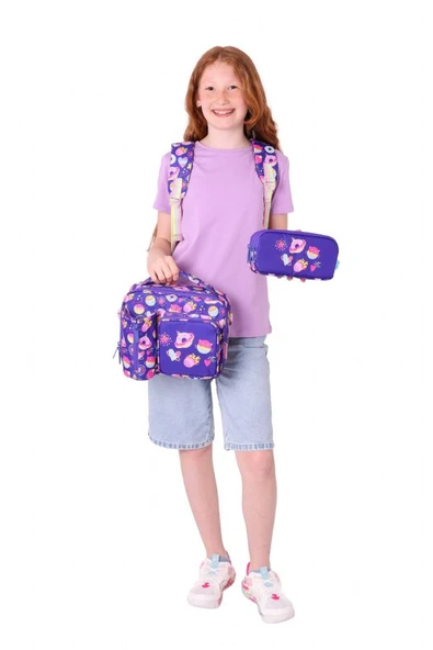 Kaukko Kids Kız Çocuk - Mor Pullu Şekerleme Desenli - Okul Çanta Seti (Sırt Çantası+Beslenme Çantası+Kalemlik) - Resim 3
