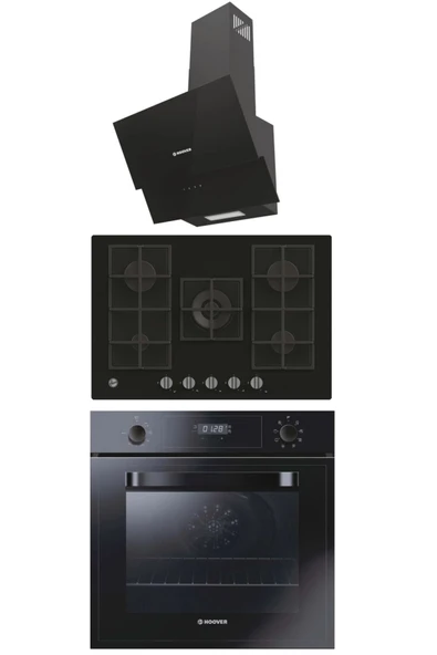 Hoover 3051B Siyah Fırın + HVG74K3B 75 cm Ankastre Ocak + Hdg6c1gbtk Davlumbaz Siyah Ankastre Set ürün görseli 1