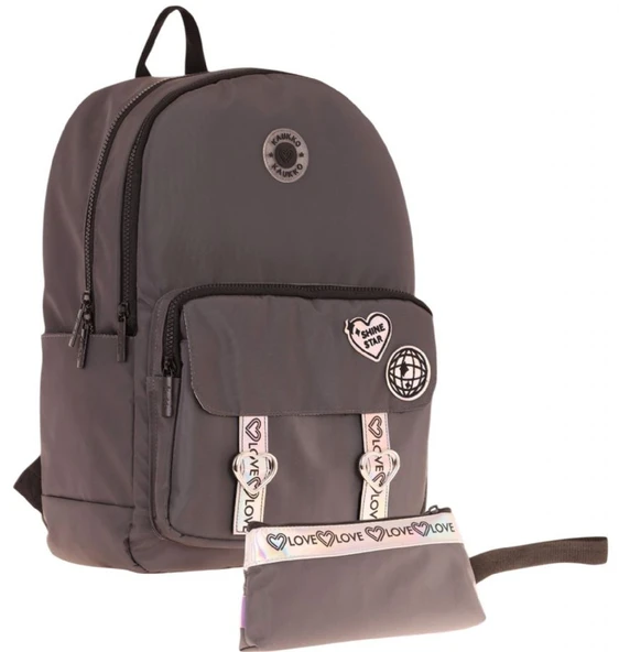 Kaukko Parlak Love Şeritli Gri Okul Çantası ve Cüzdan Tipi Kalemlik Seti (KK-K1842+KK-K2753) ürün görseli