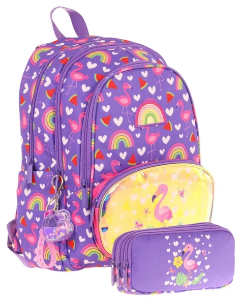 Kaukko Kız Çocuklar İçin Okul Sırt Çantası (L5226) ve Üç Bölmeli Kalemlik (L8226) Seti - Mor Pembe - Flamingo Nakışlı ve Baskılı ürün görseli