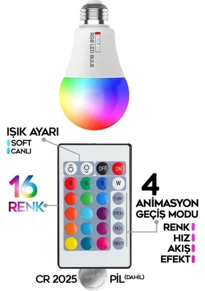 Rgb LED Ampül Kumandalı Ambiyans Aydınlatma Tasarruflu Lamba Renk Değiştiren LED Işık - 2