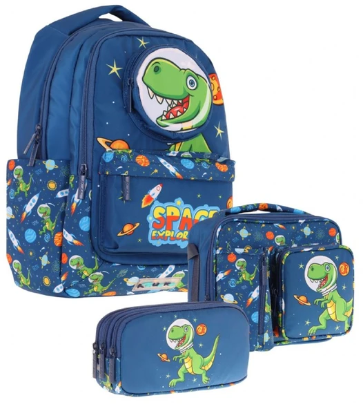 Kaukko Kids 3D Dinazor Şekilli Erkek Çocuk Üçlü Okul Çantası Seti/Takımı - Lacivert (L5252+L7252+L8252) ürün görseli