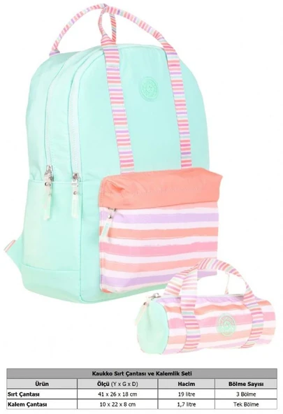 Kaukko İkili Okul Çantası Seti - Okul Çantası+Kalemlik - Su Yeşili Pembe - Çizgi Desenli - Kız Çocuklar İçin - Resim 2