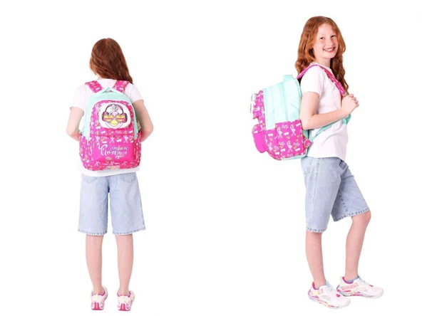 Kaukko Kids Toys Kız Çocuk Kırmızı Yeşil 3D Flamingo Şekilli İlkokul Çantası ve Kalemlik Seti (L5235+L8235) - Resim 3